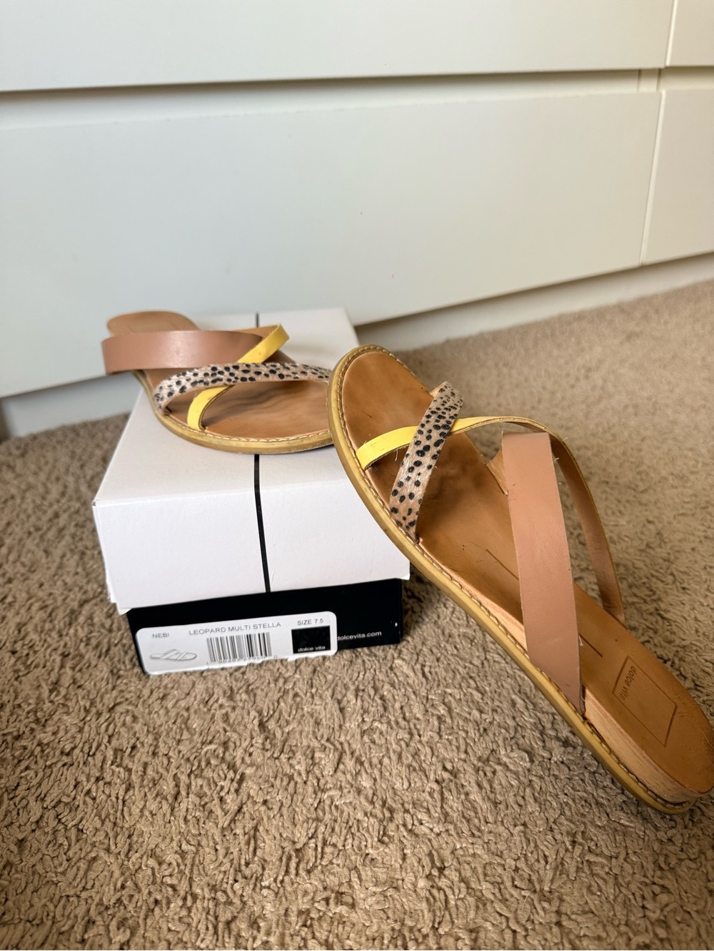 Stellah Leather Slide Sandals in Tan, Yellow & Leopard